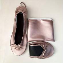 Bailarinas Portátiles Para Mujeres, Zapatos Planos Enrollables Con Suela Suave Y Lazo, Cómodos Zapatos Planos De Baile Con Bolsa De Mano - [Negro] - Ver 6