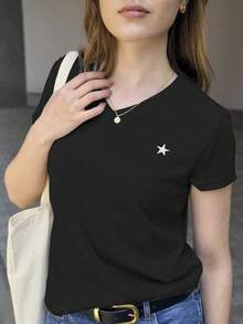 casual versátil de mujer con cuello redondo y manga corta con estampado de pentagrama - Negro - Ver 1