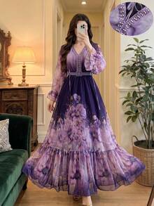 Gaun Wanita Lengan Panjang Model A-Line Bahan Tenun dengan Tali Leher, Sabuk, Aplikasi, dan Hem Berumbai yang Elegan - Purple - View 1