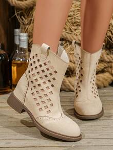 ETHZUDFKL Women's Vintage Western Cowboy Boots, Hollow Rivet Design, Faux Suede Mid-Calf Boots, Chunky Low Heel, Casual Daily Wear, Autumn/Winter Fashion Shoes, Women's Western Style Boots, Women's Cowboy Boots, Hollow Boots, Ankle Boots, Mid-Calf Boots, Thick Heel Boots, Casual Boots, Fashion Boots, Vintage Boots, Y2K Boots, Autumn Boots, Brown Boots, Suede Boots, Affordable Boots, Spring/Summer Boots, Women's Summer Ankle Boots - Apricot - View 5