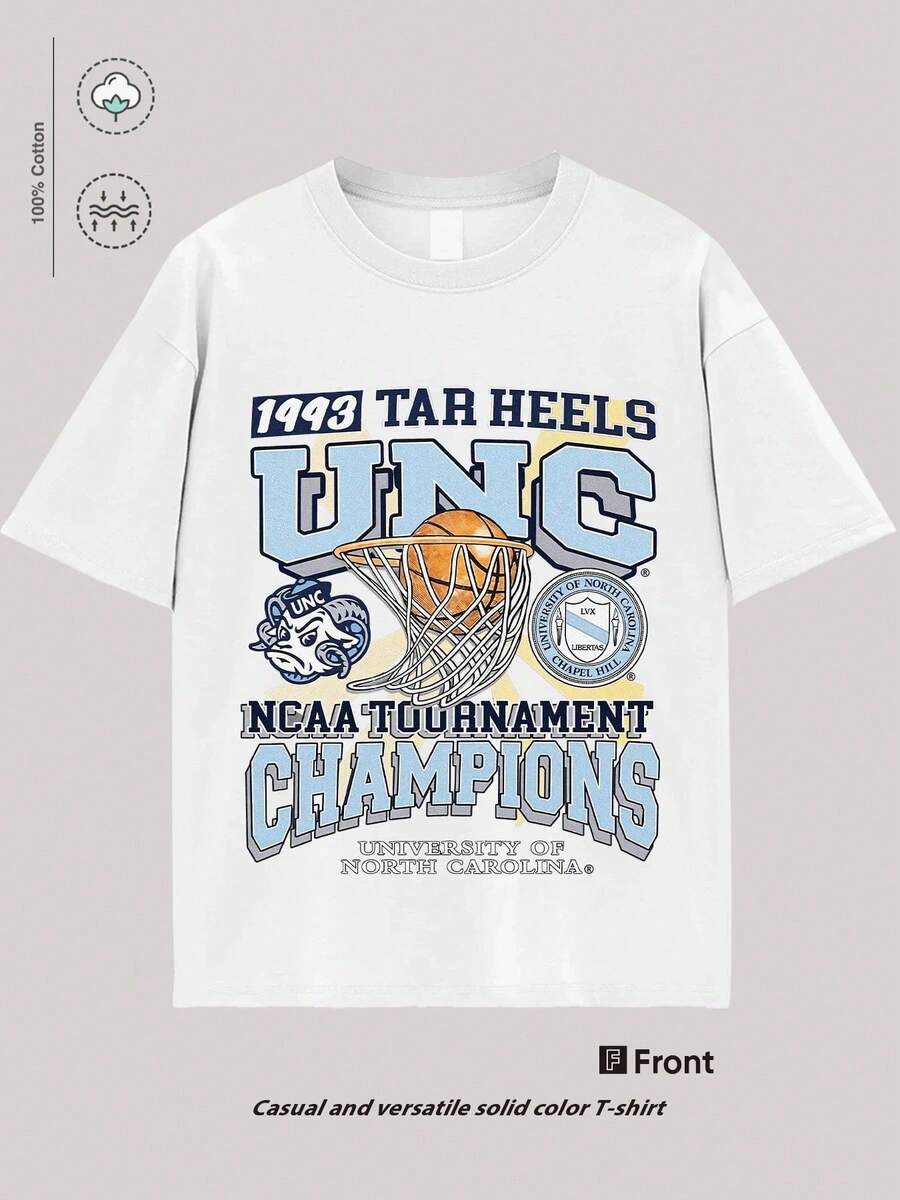 Playera De Algodón Para Hombre UNC 1993 Tar Heels, Camiseta Holgada Con Gráfico De Mascota De Baloncesto - Blanco - Ver 1