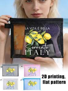 "Lemon Sorrento Italy" Pattern Multifunctional Mesh Cosmetic Bag, Travel Makeup Bag, Summer Bag, Women's Handbag, Office Makeup Bag, Women's Bag, Wallet, Lightweight Breathable Zipper Organizer Bag For Pencils, Coins, Small Storage, Credit Cards, Chargers, Passports, Lipsticks, Travel Accessories, Pencil Case, Wallet, Fashionable Women's Summer Holiday Gift, Friend, Colleague, Birthday, Graduation Season Gift - Multicolor - View 3