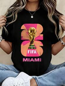 FIFA-2030 FIFA World Cup Miami Graphic T-Shirt - Black Short Sleeve Crew Neck Cotton Tee With Pink Orange "2030" & Golden Trophy Design, Soft Breathab - 黑色 - 查看 1