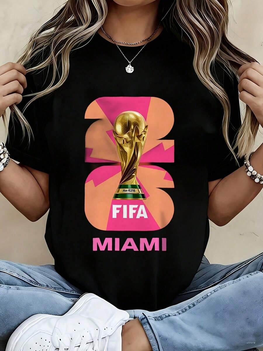 FIFA-2030 FIFA World Cup Miami Graphic T-Shirt - Black Short Sleeve Crew Neck Cotton Tee With Pink Orange "2030" & Golden Trophy Design, Soft Breathab - 黑色 - 查看 1