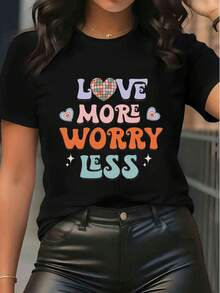 Maglietta da donna in puro cotone a maniche corte con stampa grafica retro "Love More Worry Less", top casual estivo - nero - Visualizzare 6