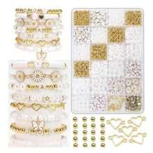 1000 peças Kit DIY para fazer pulseiras de pérolas falsas, inclui pingentes de margarida, contas de letras douradas de acrílico, pingentes de liga metálica, contas douradas em forma de coração, material para fazer joias femininas em estilo pastoral - Tamanho único. - View 7