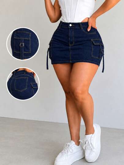 Plus Size Denim Cargo Mini Skirt, High Waist Bodycon Jean Skirt With Functional Pockets, Y2K Streetwear Skirt For Curvy Women Casual