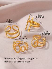 4pcs/Set 18K Gold Plated Stainless Steel Fashionable Geometric Cross Open Ring, Suitable For Daily Wear - Gold - View 4