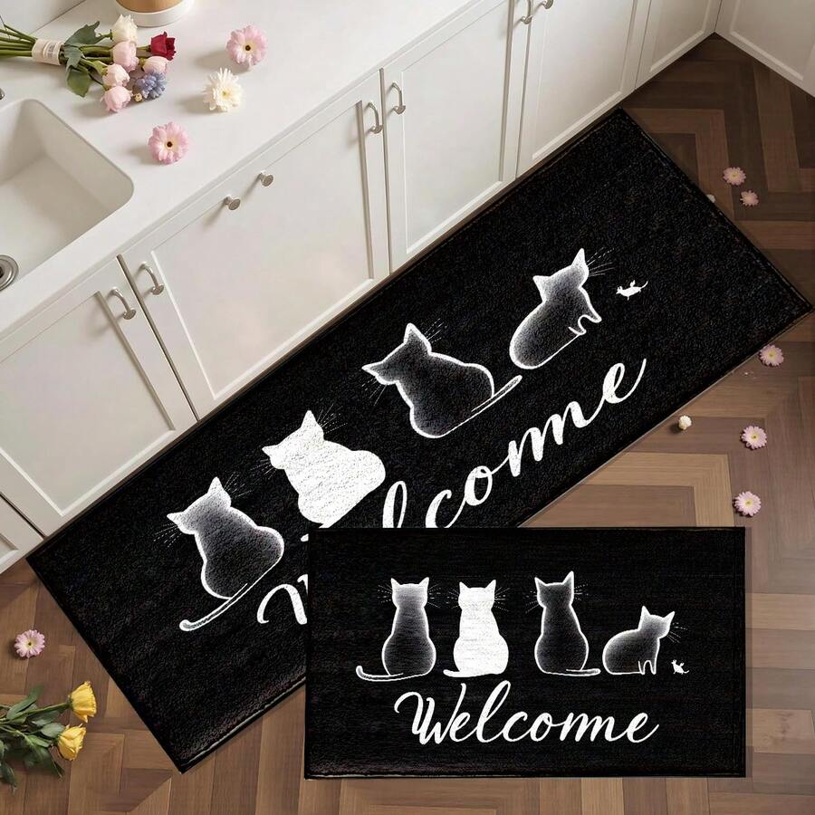 1 buah Keset Pintu Motif Kucing Hitam Selamat Datang dengan Permukaan Kasmir Imitasi dan Sol TPR, Keset Kamar Mandi, Keset Dapur, Keset Ruang Cuci, Dekorasi Suasana Liburan, Dekorasi Rumah, Dekorasi Pesta, Dekorasi Pernikahan, Dekorasi Ruang Makan & Dapur - MultiWarna - View 1