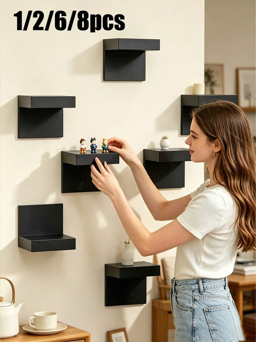 1/2/6/8pcs Deep Black Thickened Wall-Mounted Storage Shelf, Modern Floating Display Rack, Space-Saving Narrow Storage Shelf, Bathroom Storage, Suitable For Bedroom, Living Room, Kitchen, Bathroom, Home Decor, Laundry Room, Office And Plants - Multicolor - View 1