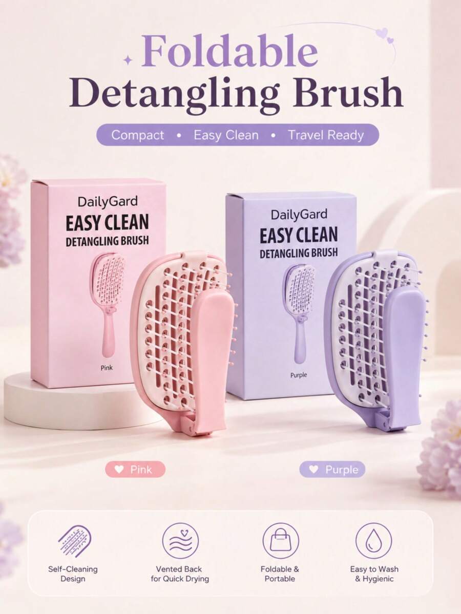1pc Foldable Self-Cleaning Anti-Tangle Comb, Push-To-Release Hair Easy Clean Ventilated Comb, Suitable For Wet And Dry Hair, Scalp Massage During Shower, Home And Travel Comb For Women, Men And Teens - Multicolor - View 1