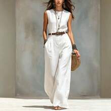 Elegant Sleeveless Round Neck Jumpsuit With Belt & Wide Leg, Casual Vestidos Elegantes For Everyday Wear - 白色 - 查看 7