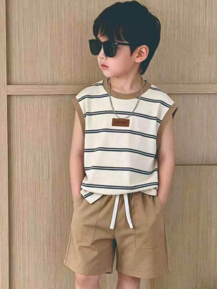 2pcs/Set Boys' Casual Striped Splice Collar Sleeveless Top And Solid Color Pocket Drawstring Shorts, Spring/Summer - Khaki - View 1