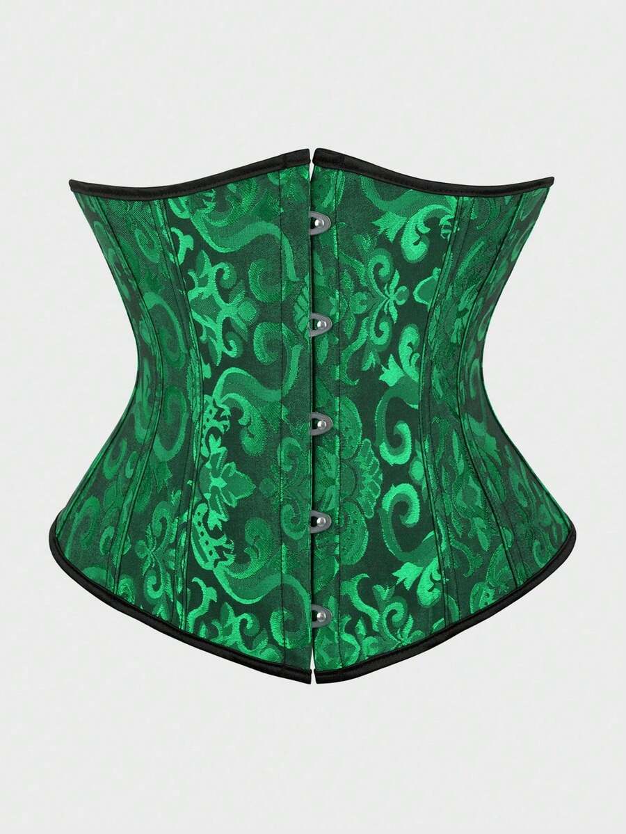 Underbust Corsets For Women,Corset Belt, Women's Floral Jacquard Lace Up Under Boob Corset Slimmer Body Shaper - 黑-綠 - 查看 1