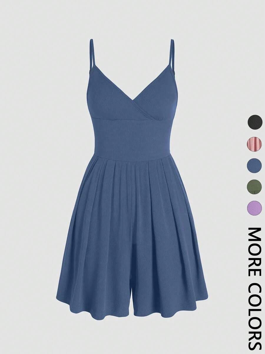 Women's Short Backless Crossover Cami Jumpsuit, Casual Jumpsuit With Adjustable Spaghetti Straps And Wide Leg, Summer Outfits 2024, Women's Everyday Wear - 淺藍色 - 查看 1