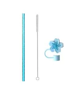 14件替換吸管、6件附刷子吸管蓋，適用於40oz 30oz 20oz 14oz戶外旅行保溫杯，可重複使用亮片吸管附刷子，透明粉色黑色紫色藍色橘色，杯子配件 - 海棠花顏色 - 查看 10