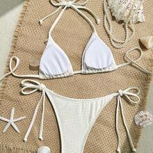 YijiaNvz Swim Vcay Conjunto de bikini con textura de tela, tirantes tejidos y decoración de conchas marinas para vacaciones de mujer - Morado - Ver 7