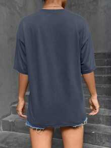 Summer New Style  T-Shirt With SleevesRetro Stamps, Seashell Ice Cream, Surfing Board. Printed Casual Plus-Size T-Shirt. A Gift For Friends, Parents. - 藏蓝色 - 查看 2