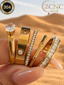 5pcs 18k Gold Plated 2026 New Style Women's Elegant Versatile Fashion Niche Stainless Steel Ring Set, Suitable For Wedding, Engagement, Promise, Bridal, Anniversary Occasions, Mother's Day, Valentine's Day, Christmas Exquisite Gift - 5-piece Set 13 - View 12
