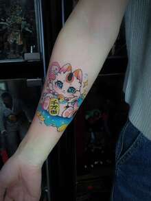 1 Pc Cute Kawaii Maneki-Neko Temporary Tattoo Sticker, Waterproof Long Lasting Fake Tattoo, Colorful Japanese Fortune Cat Body Art For Arms & Forearms - Multicolor - View 3
