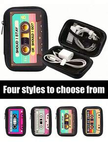 Portable Mini Storage Bag, With Radio Pattern, Phone Charger Data Cable Storage Bag, Letter Print Charging Bag, Charger And Data Cable Pattern, Zipper Wallet Style Storage Bag, Data Cable Storage Bag, Digital Bag, Electronic Product Storage Bag, Cable Organizer Bag, Waterproof Travel Tech Storage Bag, Unisex - Black - View 5