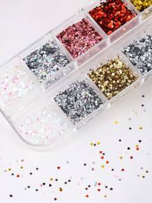 12-Grid 1mm Ultra-Mini Star & Heart Glitter Nail Art Sequins, Ultra-Thin Y2K Holographic Laser Gold Silver Pink Aurora Glitter, Small Heart Nail Decoration Accessories, Japanese Salon DIY Supplies - Multicolor - View 6