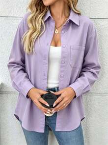 Plus Size Women's Solid Color Pocket Front Button-Down Casual Shirt - Mauve Purple - View 2