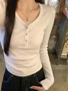 Women's V-Neck Long Sleeve Solid Color Casual T-Shirt - White - View 4