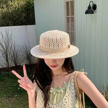 1pc French Style Flat Top Straw Hat Summer Outdoor Travel Face-Slimming Sun Hat Fashionable Sun Protection Hat - Multicolor - View 1