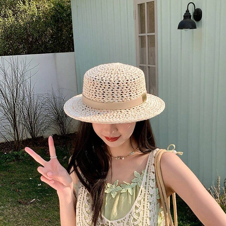 1pc French Style Flat Top Straw Hat Summer Outdoor Travel Face-Slimming Sun Hat Fashionable Sun Protection Hat - Multicolor - View 1