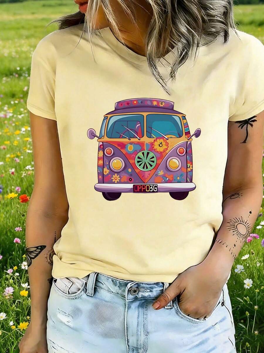 Women's T-Shirt, Colorful Bus, Light Everyday Outfit - Khaki - View 1