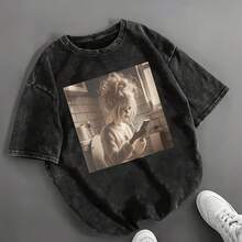 Washed T-Shirt, Funny Doll Face Print Crew Neck Short-Sleeved Retro  EverydayWashed T-Shirt - Black - View 1
