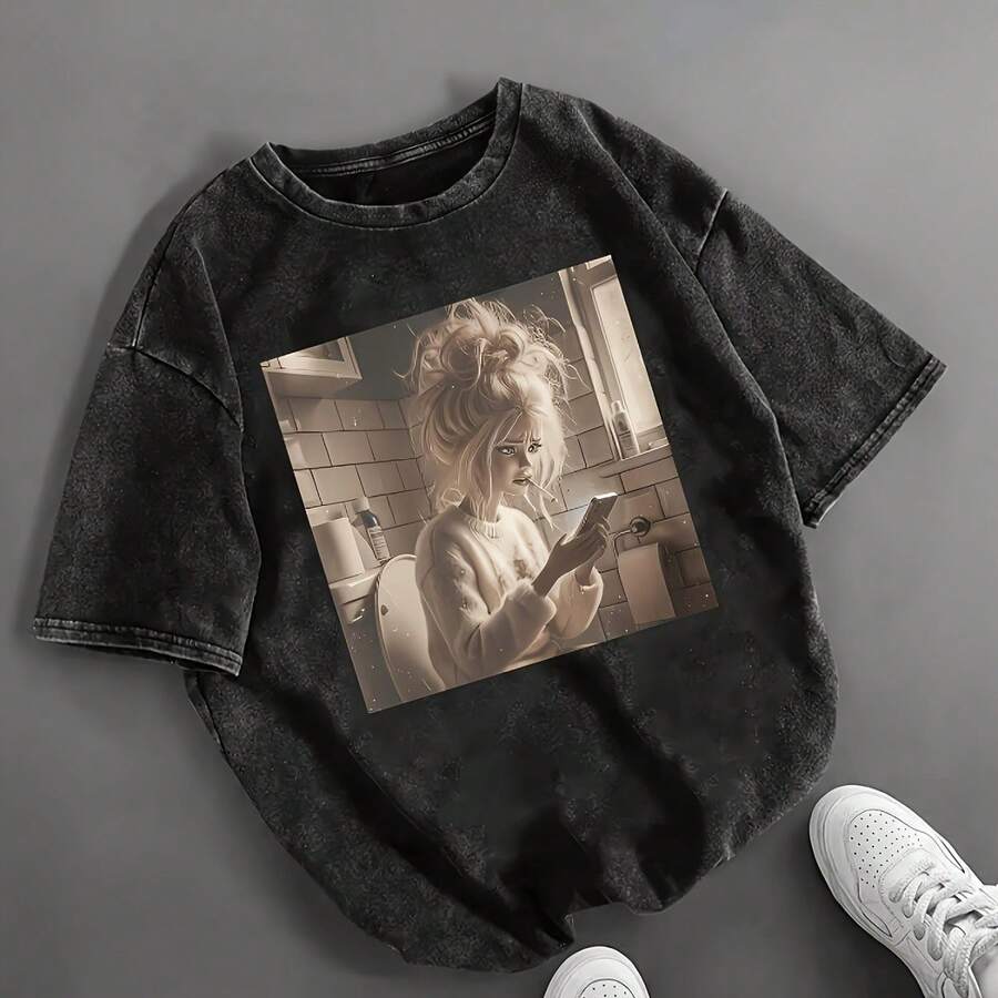 Washed T-Shirt, Funny Doll Face Print Crew Neck Short-Sleeved Retro EverydayWashed T-Shirt - Black - View 1