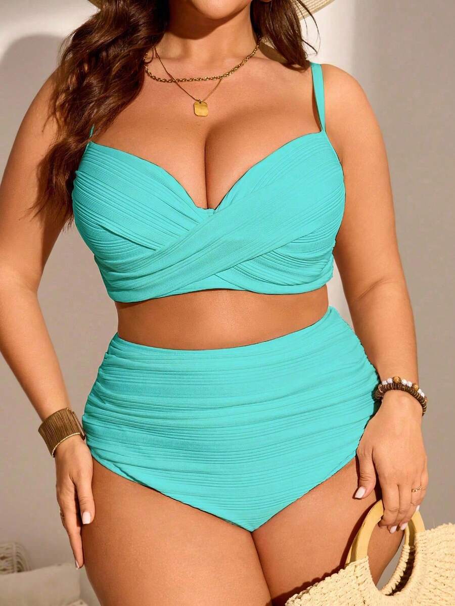 Swim Lushoire One Size Solid Color Ruched Tankini Bikini Set For Summer Beach - Burgundy - View 1