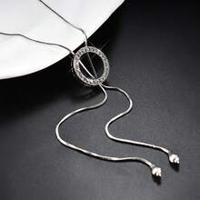 1pc Fashion Rhinestone Geometric Circle Shape Long Necklace, Sweater Chain - Silver - View 5
