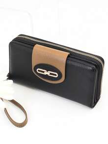 Women's Mini Handheld Phone Wallet, Exquisite Buckle Color-Block Patchwork Soft PU Long Wallet, Multifunctional Large Capacity ID Storage Pouch, Zipper Coin Purse, Lightweight And Fashionable - Black - View 2