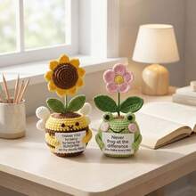 1pc Positive Energy Crochet Plush Doll, Handmade Bee/Frog With Flower, Inspirational Encouragement Doll With Message Card, Unique Gift For Family And Friends, Room Desk Decor - Multicolor - View 1