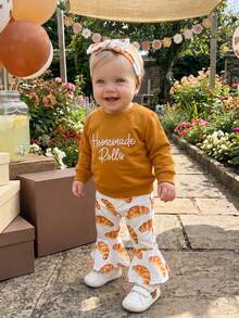 Girls Thanksgiving Bell Bottom Outfit Long Sleeve O Neck Pullover Croissants Print Flared Pants Headband Sets - Coffee Brown - View 5