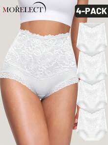 Morelect 4pcs/Set Women's High Waist Panties, Lace Patchwork, Jacquard Pattern, Tummy Control, Hip Shaping, Soft And Breathable - White - View 1