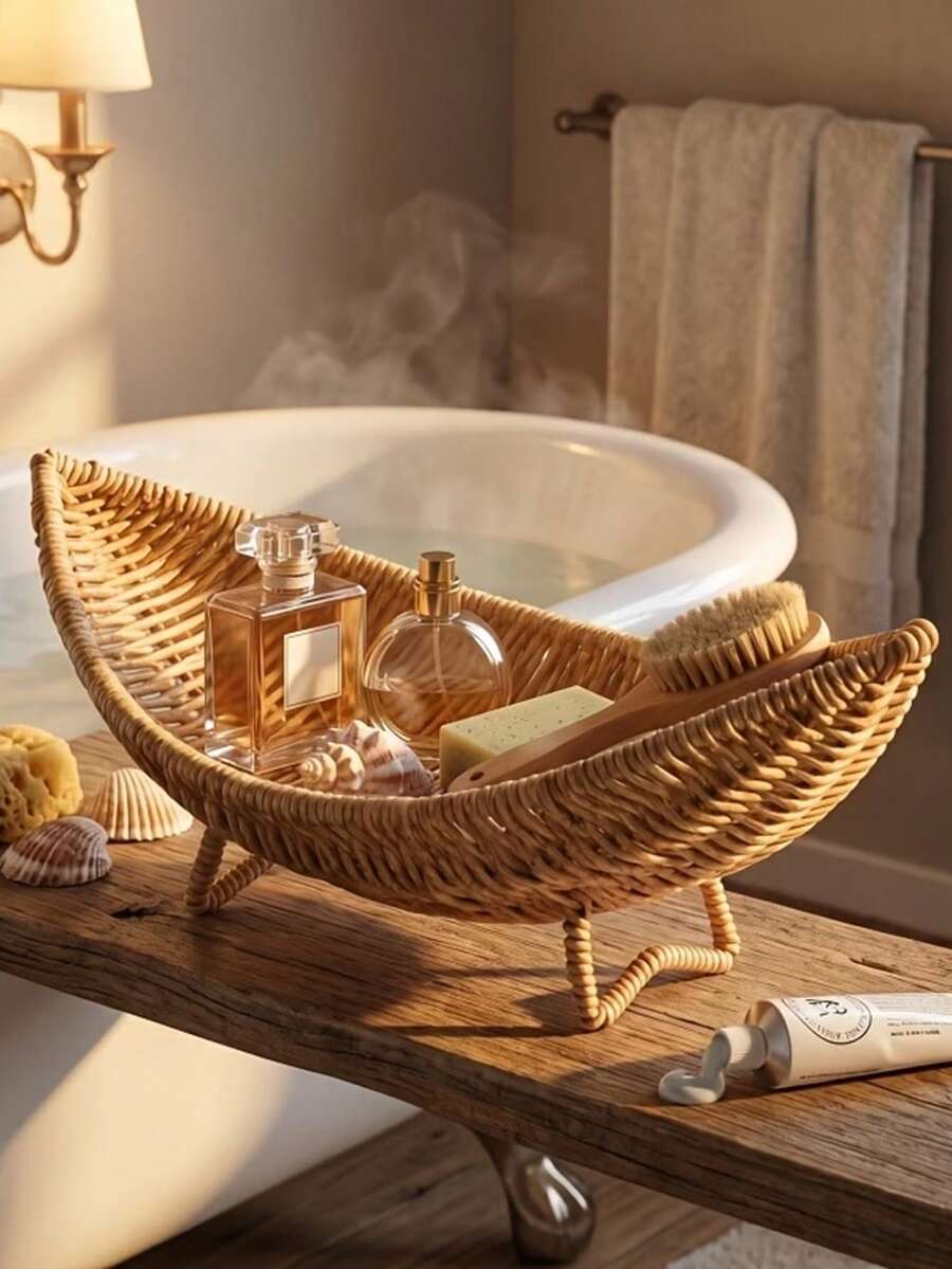 1pc Bathroom/Toilet Storage Basket, Faux Rattan Fruit Basket, Decorative Ornament, Suitable For Living Room, Bedroom, Creative Desktop Storage Basket, Storage, Dorm Storage Essential, Wedding Storage