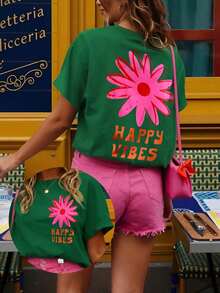 Women's Casual Printed T-Shirt, Short Sleeve And Round Neck, Local Urban Fashion Spring/Summer. Women's Blouses, Women's T-Shirts. 180g (S-XXXL) - 綠色 4 - 查看 1