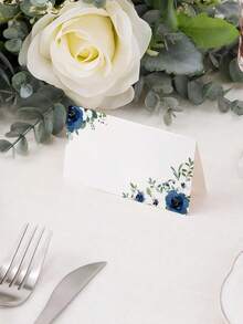 Watercolor Blue Floral Place Cards, Blank Paper Tent Cards, Elegant Table Name Cards For Wedding, Bridal Shower, Birthday & Dinner Party - View 1
