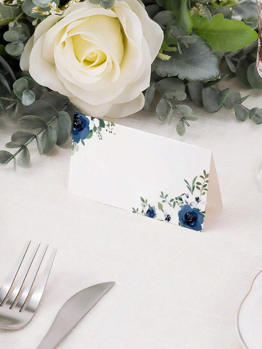 Watercolor Blue Floral Place Cards, Blank Paper Tent Cards, Elegant Table Name Cards For Wedding, Bridal Shower, Birthday & Dinner Party - View 1