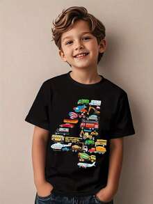 Camiseta de cumpleaños para un niño de 4 años - Estampado completo con coches, camiones de bomberos, aviones, etc. Tejido suave y elástico  Lavar en máquina  Ropa casual para niños - Negro - Ver 1