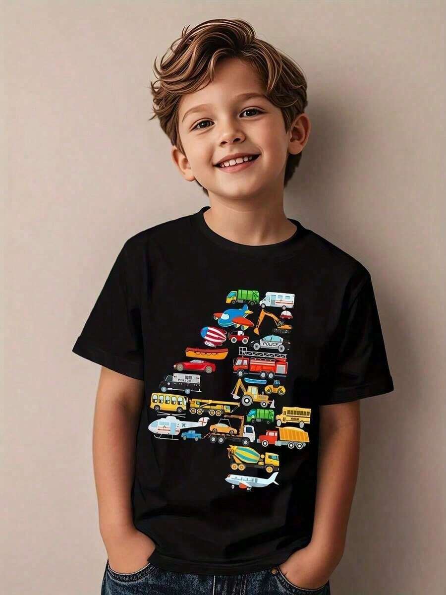 Camiseta de cumpleaños para un niño de 4 años - Estampado completo con coches, camiones de bomberos, aviones, etc. Tejido suave y elástico Lavar en máquina Ropa casual para niños - Negro - Ver 1