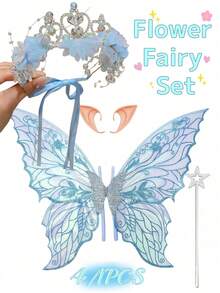 4/1 Stück - Blaues Eisprinzessin Blumenfee Party Kostüm Set - Elegante Blumenkrone Prinzessin Haarreif für Kinder, Mädchen Strass Haarreif Geburtstag Hochzeit Haaraccessoires, Mädchen Fee Set, inklusive blaue Blumenkrone Haaraccessoires, blaue Schmetterlingsflügel, Zauberstab und Elfenohren, Gender Reveal Babyparty, Babyparty Dekorationszubehör - Verschiedenfarbig - Übersicht 1