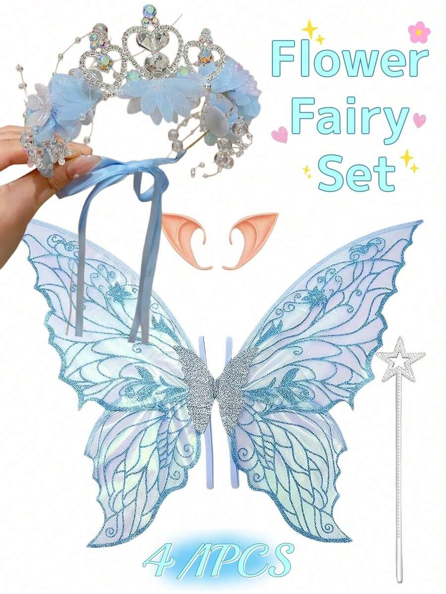 4/1 Stück - Blaues Eisprinzessin Blumenfee Party Kostüm Set - Elegante Blumenkrone Prinzessin Haarreif für Kinder, Mädchen Strass Haarreif Geburtstag Hochzeit Haaraccessoires, Mädchen Fee Set, inklusive blaue Blumenkrone Haaraccessoires, blaue Schmetterlingsflügel, Zauberstab und Elfenohren, Gender Reveal Babyparty, Babyparty Dekorationszubehör - Verschiedenfarbig - Übersicht 1