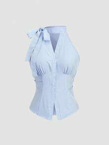 Blusa de mujer de nueva llegada sin mangas con lazo en la cintura y rayas ajustada - Azul - Ver 1