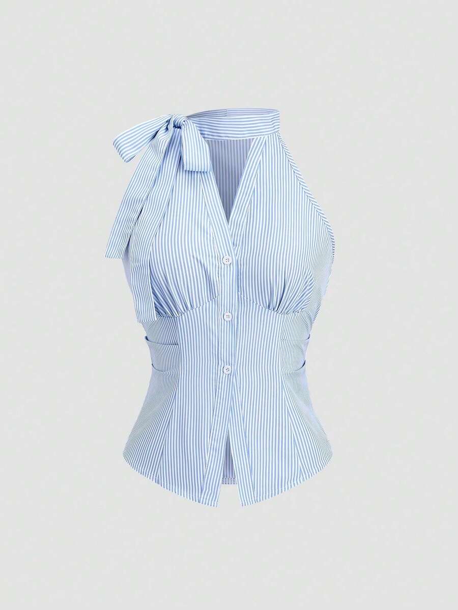 Blusa de mujer de nueva llegada sin mangas con lazo en la cintura y rayas ajustada - Azul - Ver 1