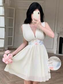 YkhahaYkhahaCelisse Vestido corto de mujer con escote en V, de gasa con parches, con cintura ceñida en forma de X, elegante para vacaciones, primavera/veranoYkhahaYkhaha - Albaricoque - Ver 1